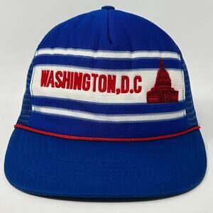 Vintage 80s Washington DC Trucker Hat Baseball Cap USA Capitol Snapback Blue
